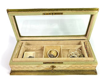 French antique Napoleon III Jewellery Treasure Casket Hinged bevelled Glass lid silk brocade /velvet lined /with key