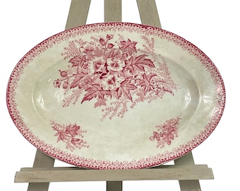 French small oval Platter ironstone Terre de fer Floral  Pink Claret 19th century