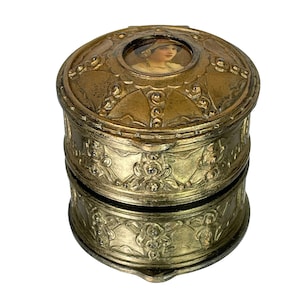 French Art Deco Gilded Jewelry Box: Hand-Painted Enamel, Aqua Silk Lined
