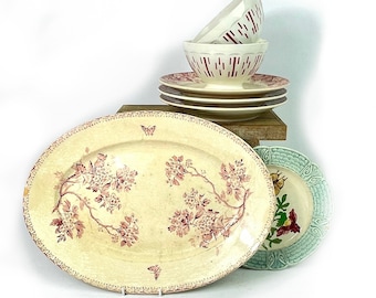 French Sarreguemines Platter ironstone Terre de fer Floral Butterflies Pink Claret 1875