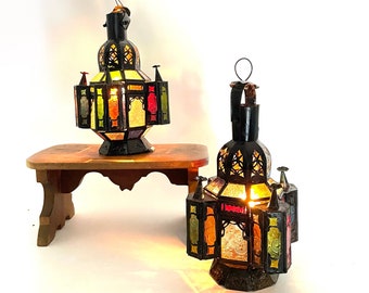 Pair Vintage French Moorish Moroccan Lanterns coloured glass windows fretwork