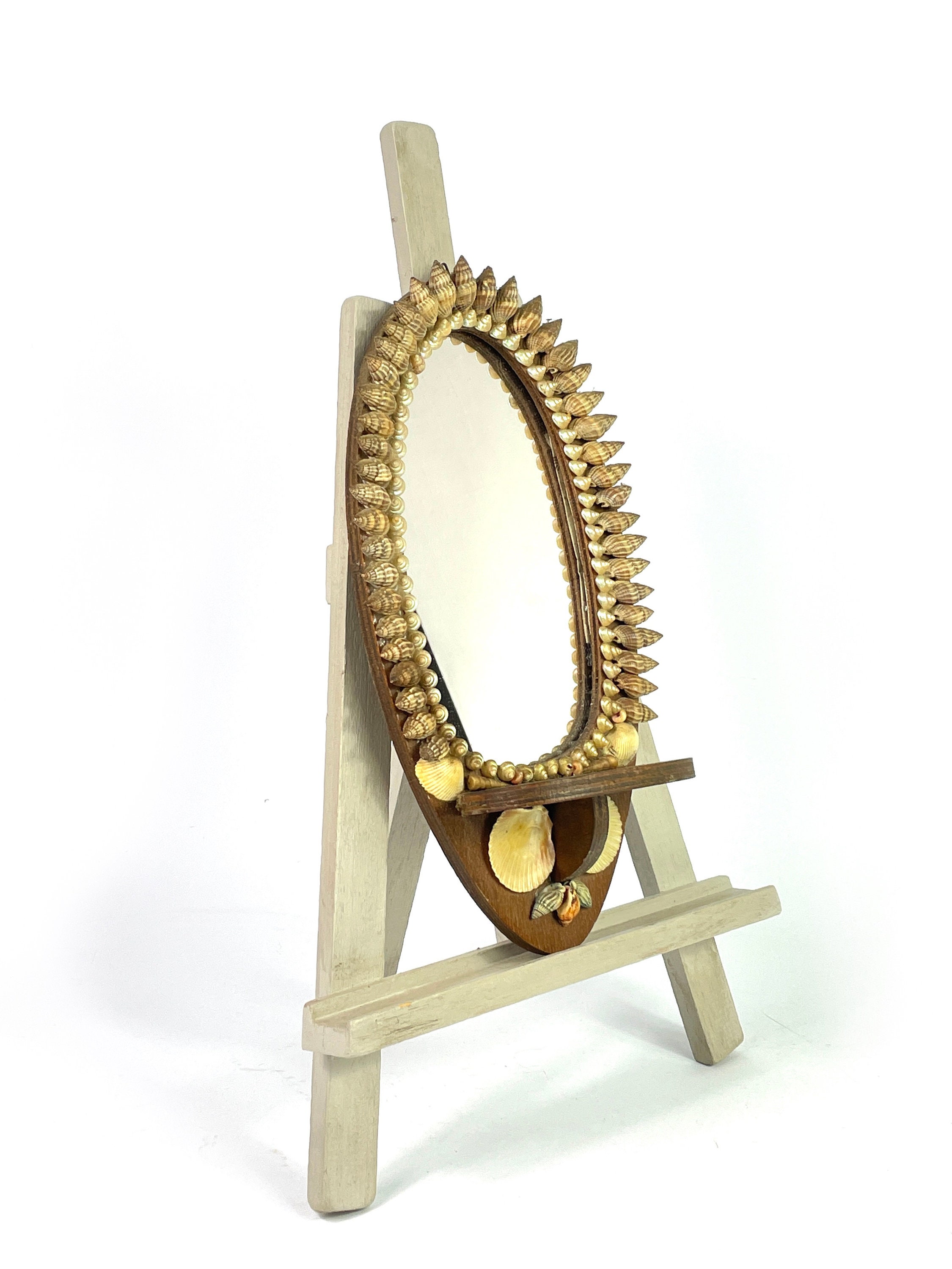 Français Vintage Seashell Oval Mirror Sailors Valentine Shell Art 1950/60's Petite Étagère Intégrale