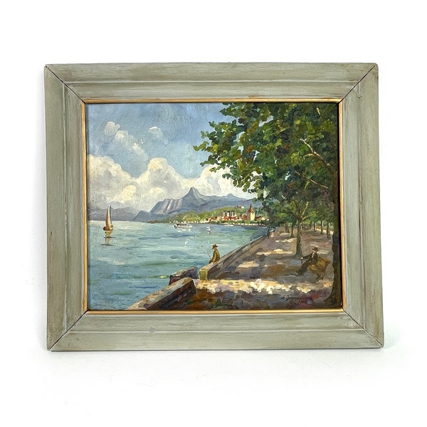Dipinto ad olio francese vintage a bordo tranquillo lago di montagna impressionista pittura / incorniciato / firmato
