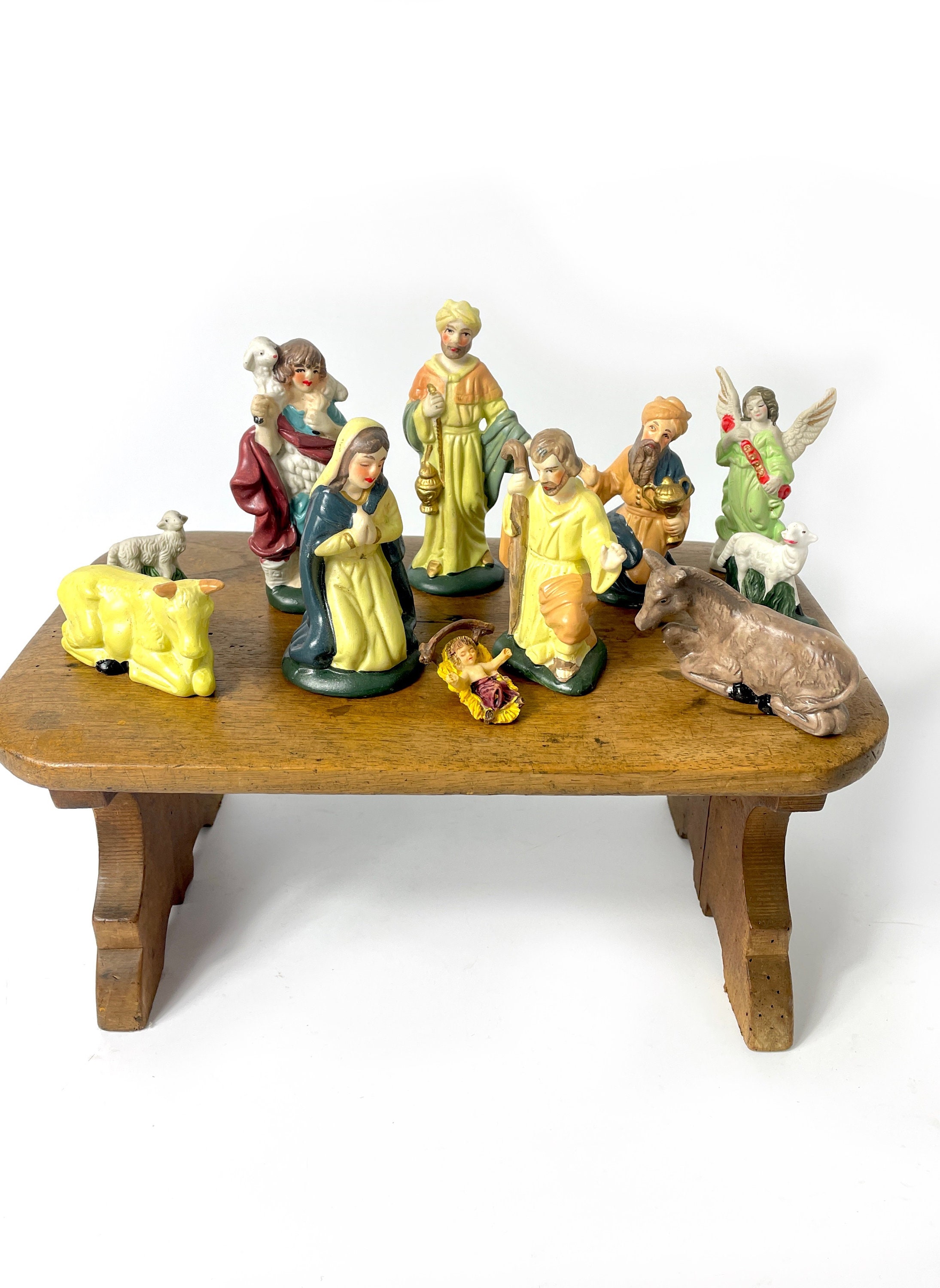 Français Crèches Vintage Figurines Peintes à La Main Bisque Polychrome Berger Religieux Mouton Vache