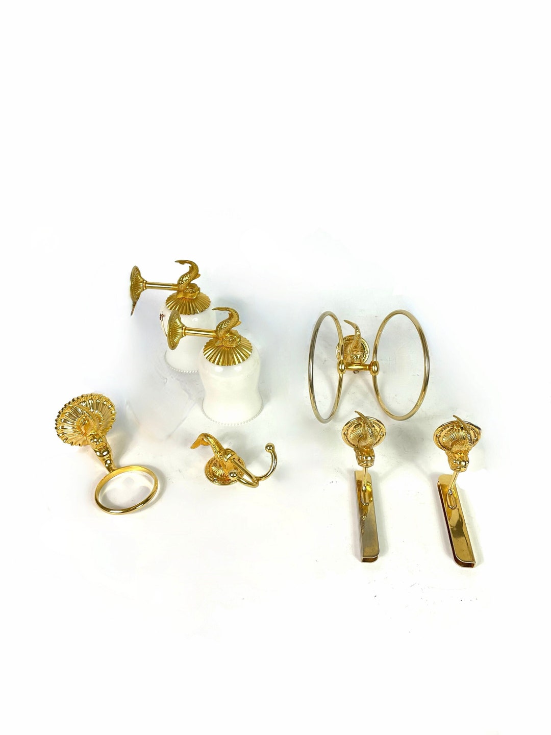 Vintage French Koi Golden Bathroom Fittings Towel Ring /shelf /glass