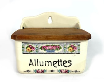 Antique French Allumettes Matches Pot Boîte Wooden Lid ironstone Roses Art deco-