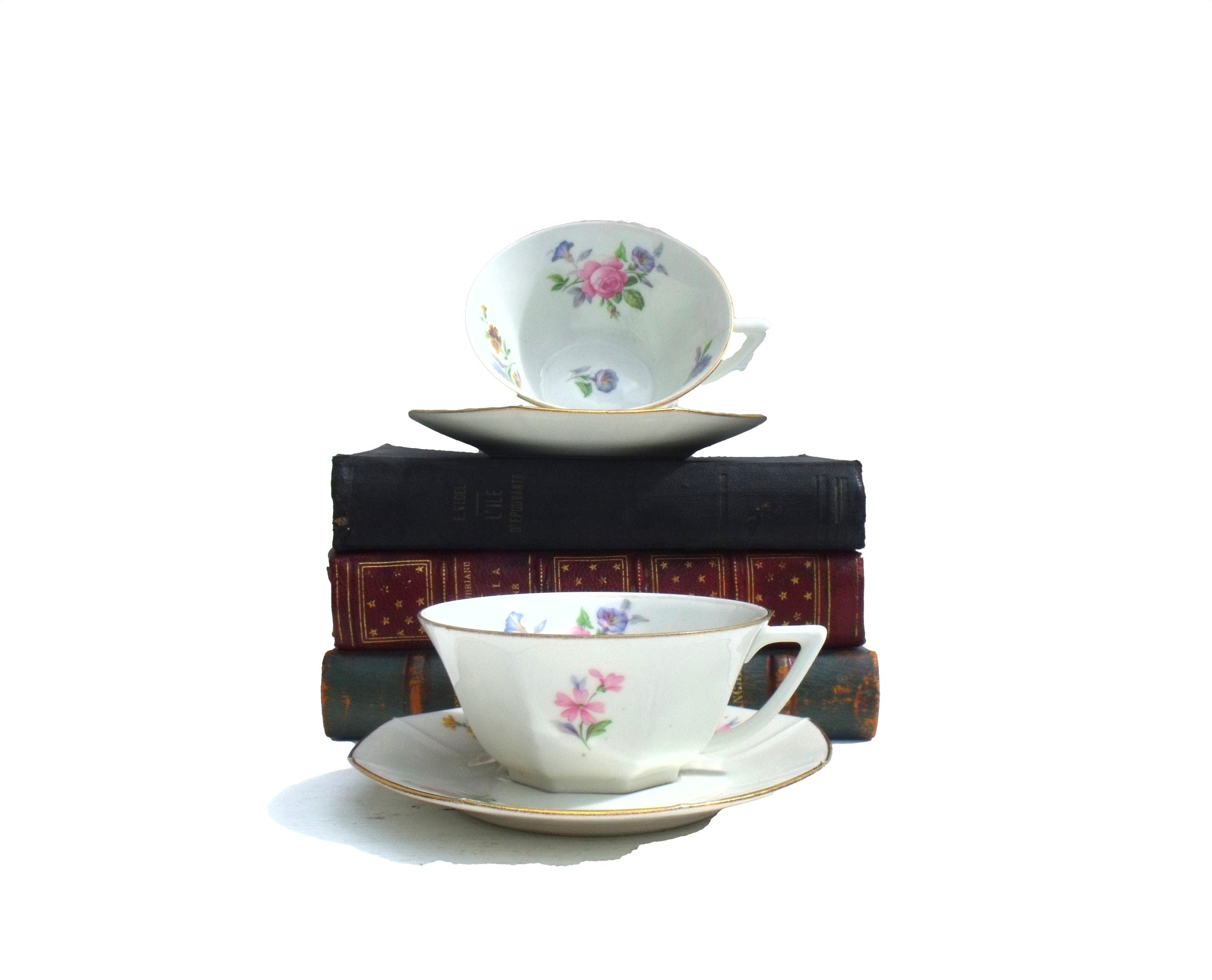 Thé Le Plus Joli Pour Deux Crus Français Porcelaine Roses Floral Cup & Soucoupe Dorée X 2