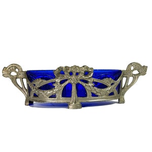 Antique Jardiniere French cobalt blue glass insert with pattern 1900's