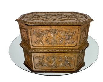 Charming unique large French hand carved signed Octagonal wood box - so special /Folk art /Country style