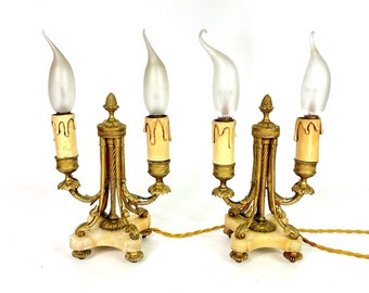 PAIR  Louis XVI style French Gilded bronze lamps marble bases late 19th century - electrified /Elegant styling