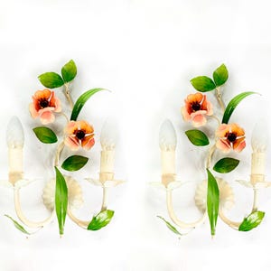 Pair French toleware Flower poppy Sconces Wall Lights metal double arm - 1960&#39;s Electric