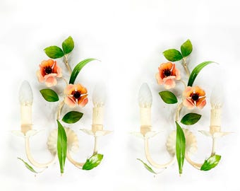Pair French toleware Flower poppy Sconces Wall Lights metal double arm - 1960's Electric