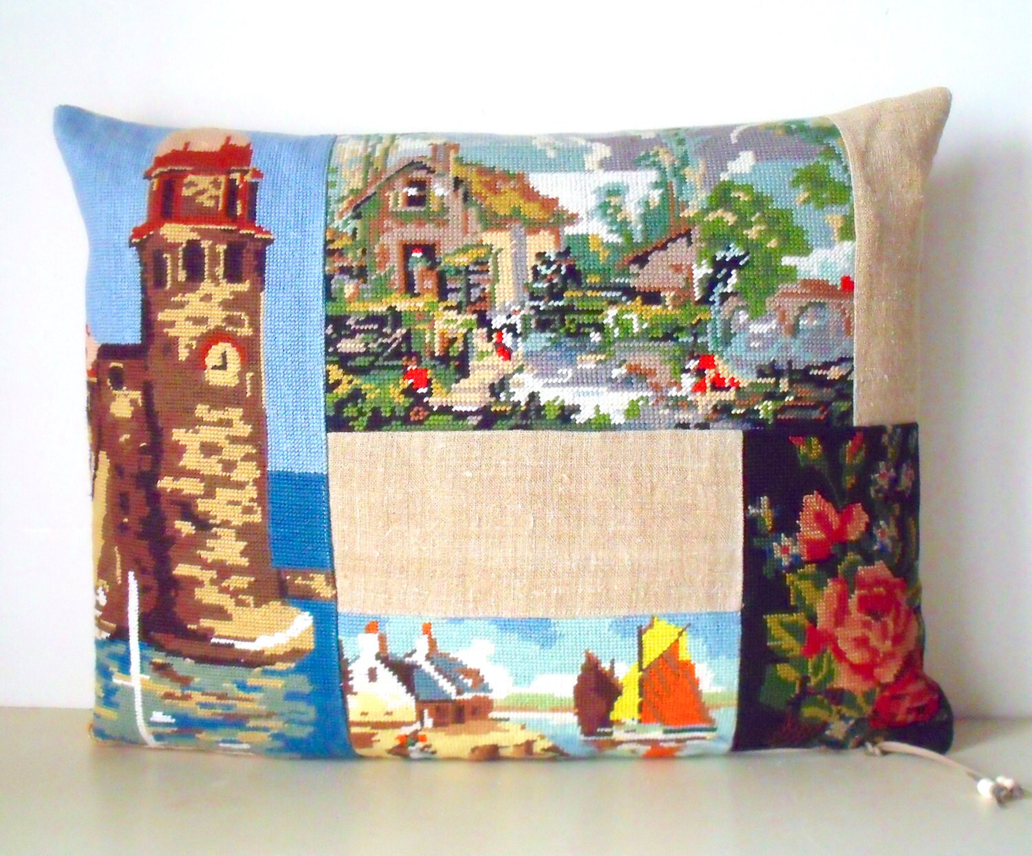 Collage Français Needlepoint Tapisserie Sac à Grains Roses Lighthouse Harbour Coussin Coussin
