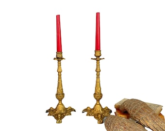 Pair of beautiful French antique bronze candlesticks -impressive detail circa 1880 -dauphin