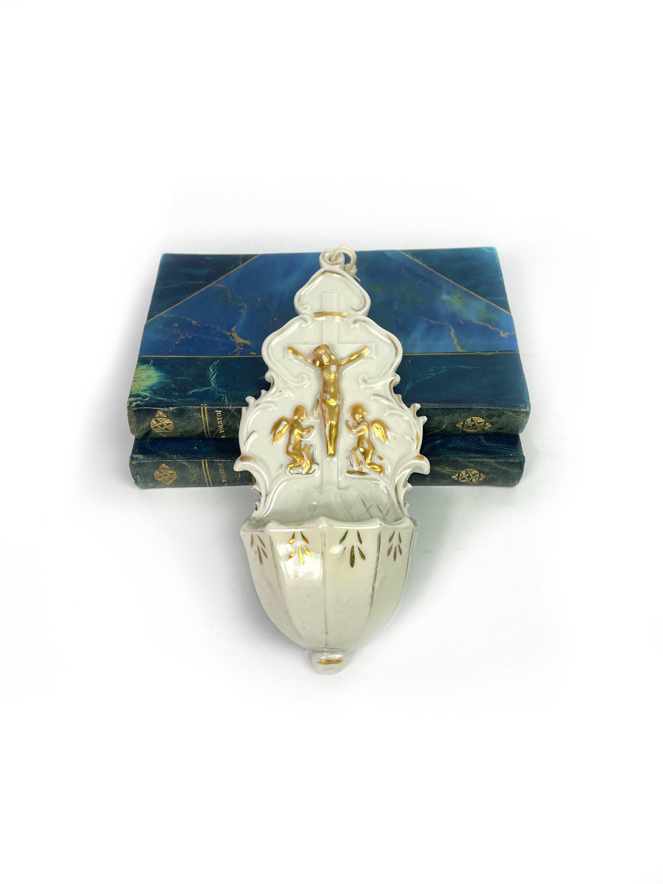 Français 19Ème Siècle Antique Porcelaine Blanche Or Putti & Christ Benetier Sainte Police Stoup
