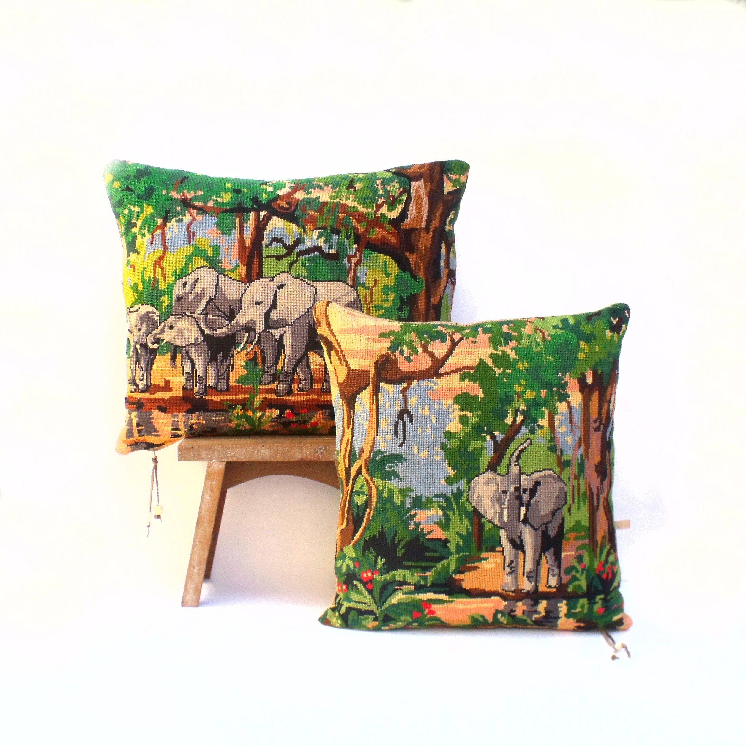 Elephant Jungle Wildlife Pillows Pair Of French Vintage