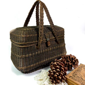 Antique French large Basket Wicker Leather double handles Napoleonic style /Market basket