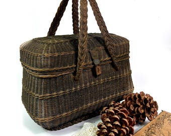 Antique French large Basket Wicker Leather double handles Napoleonic style /Market basket