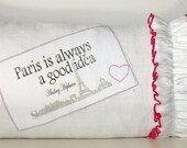 Charming Vintage French White Linen Shabby Chic Ruffle Audrey Hepburn Quote Paris Cushion Pillow
