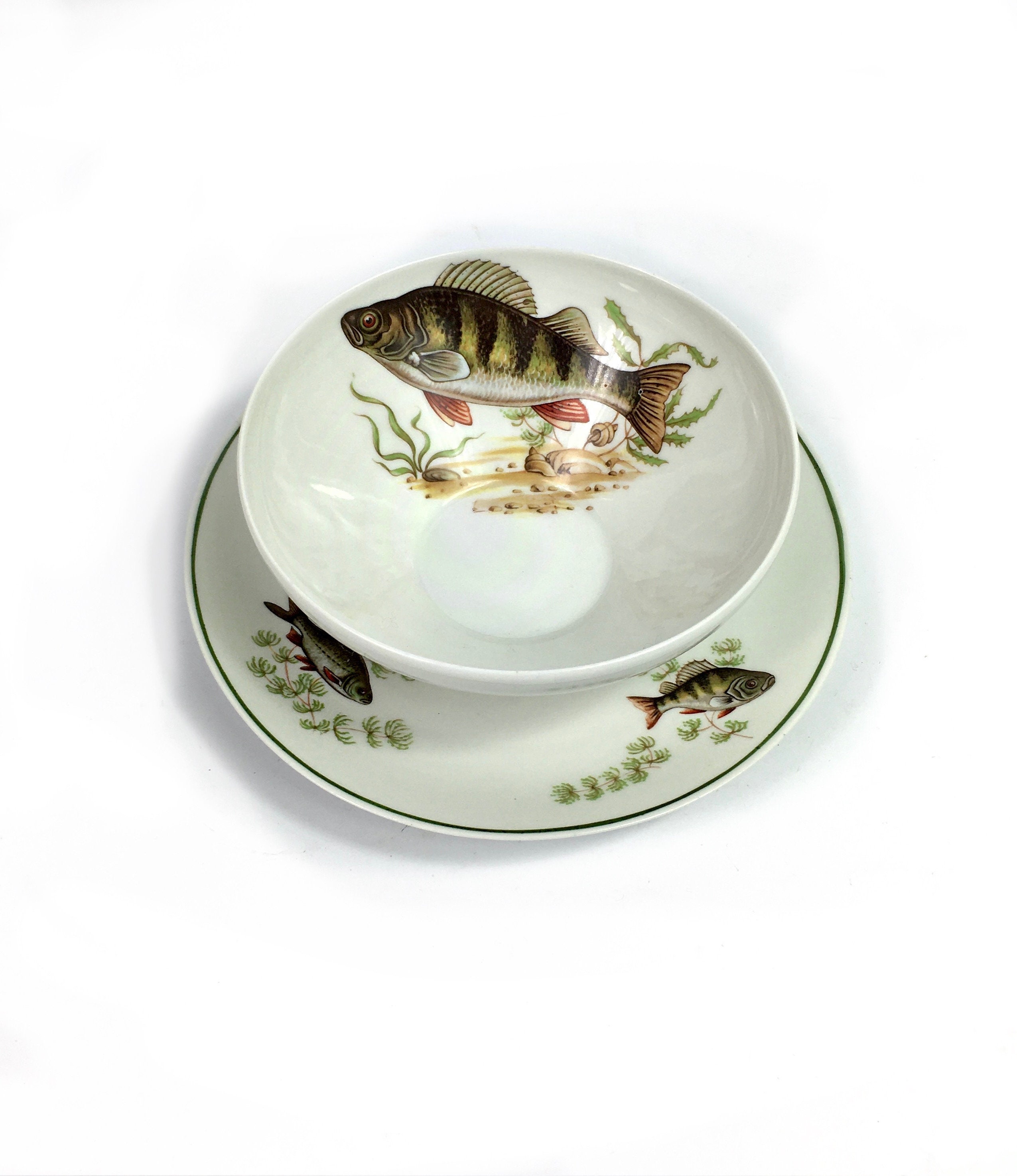 Français Antique Porcelaine Limoges Décorative Sauce Bateau & Sous Assiette Poisson Poisson - Porcel