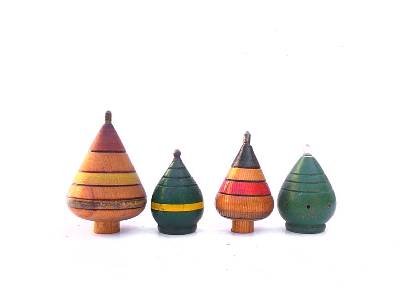 Collection Four 4 Vintage French Wooden spinning tops painted French Toys perfect for display
