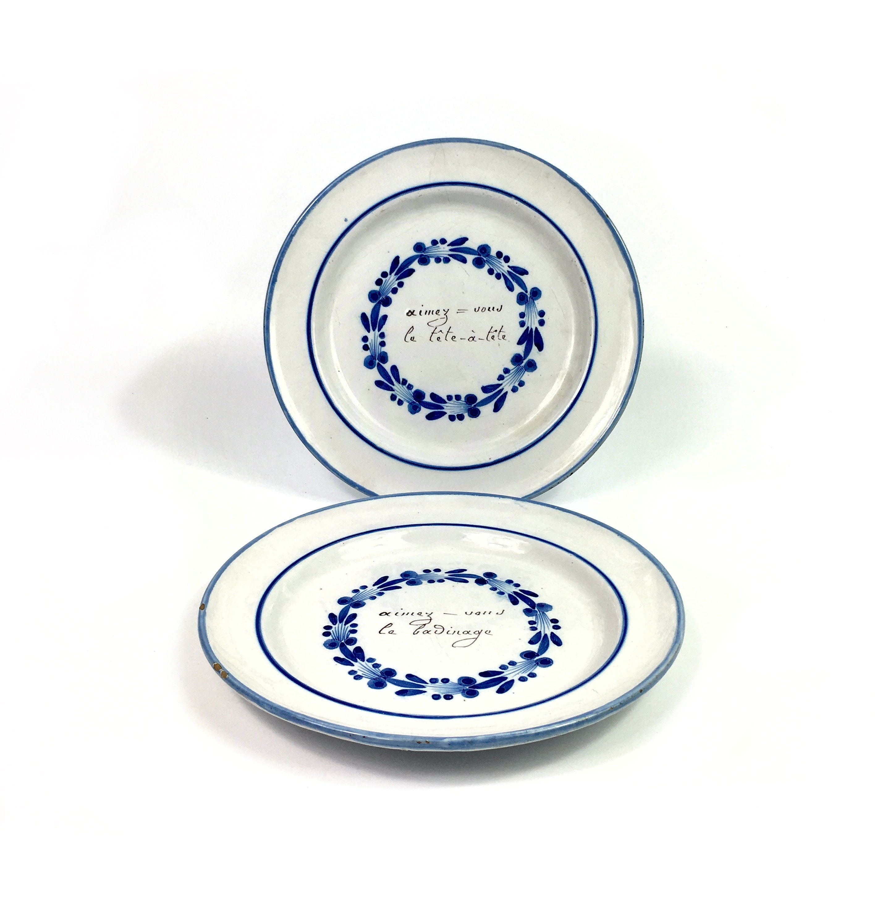 Rare Deux/2 Français Antique Rouen Bleu & Blanc Devise Parlante Plaques Glaçure en Étain 18/19Ème Si