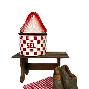 Antiker französischer Salztopf Emaille Holzdeckel Sel Red Check & White