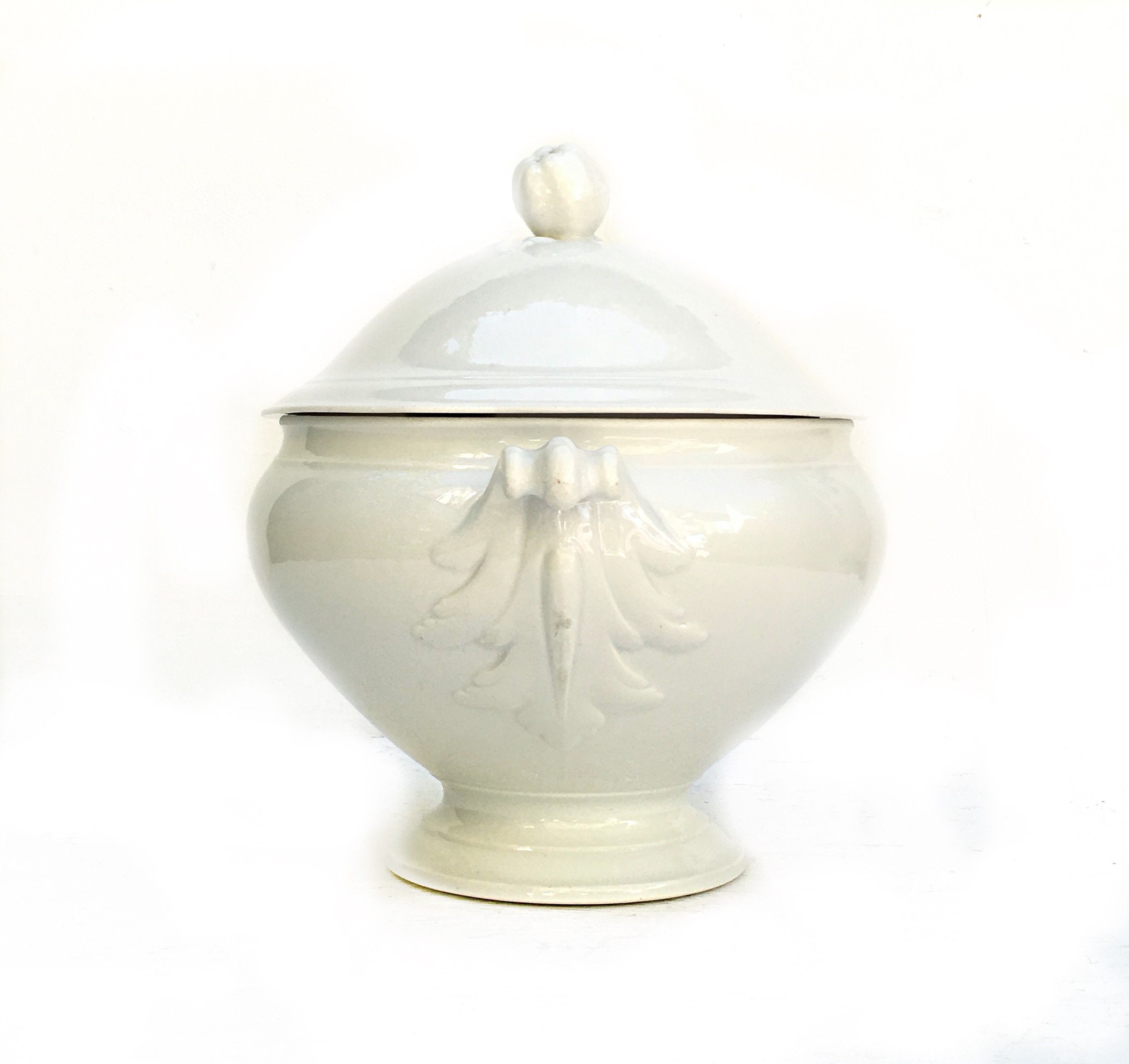 Français Ironstone Grande Tureen Antique Wg - C Fin Des Années 1800 Shabby Chic Soupiere Apple Poign