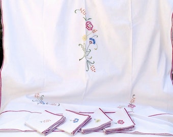 Set of 12 French Country Hand Embroidered Napkins Serviettes & Matching Tablecloth