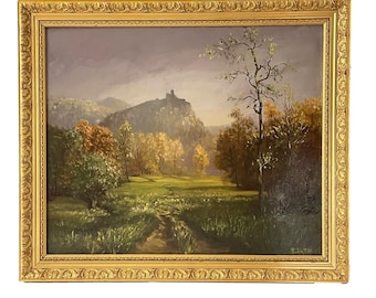 French Cathar Landscape Oil Painting, Signed E. Tatin, Gilded Frame