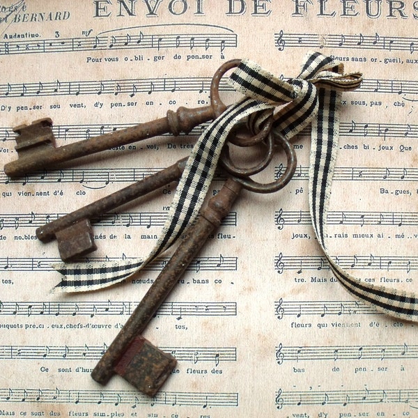 19th century Rustic French cast iron  antique skeleton Keys - Trio of - Great for decorating