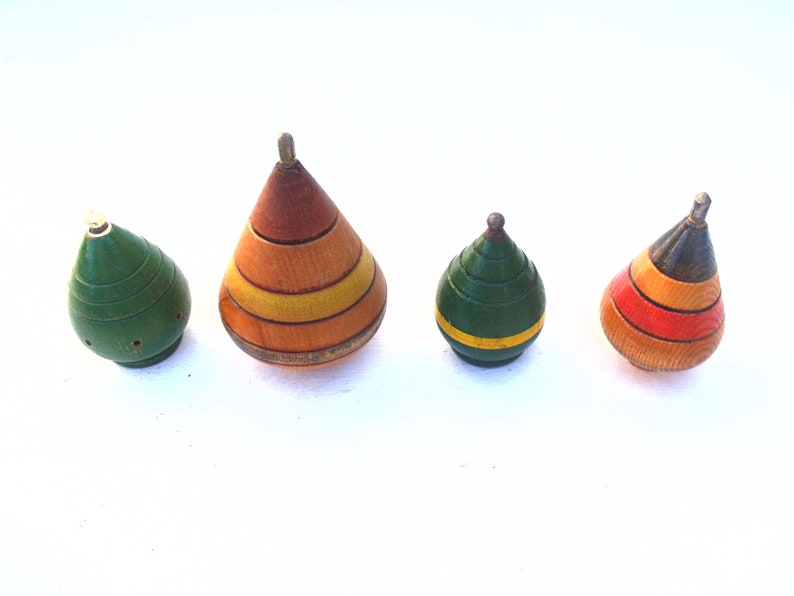 Collection Four 4 Vintage French Wooden spinning tops painted French Toys perfect for display