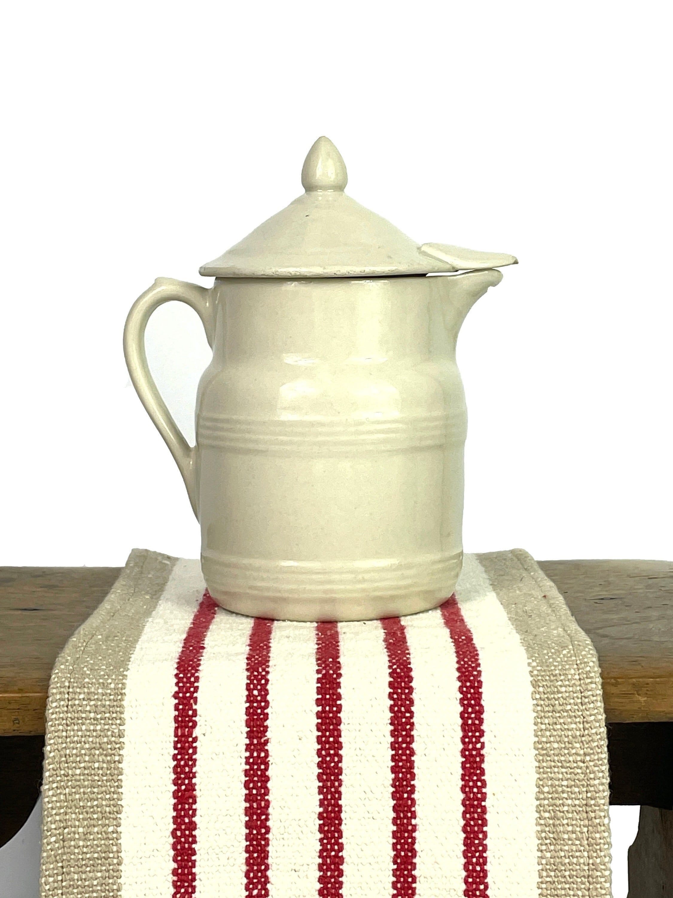 Antique Français Ironstone Rare Primitif Précieux Rhône Côtelé Pichet à Pichet avec Couvercle Plain 