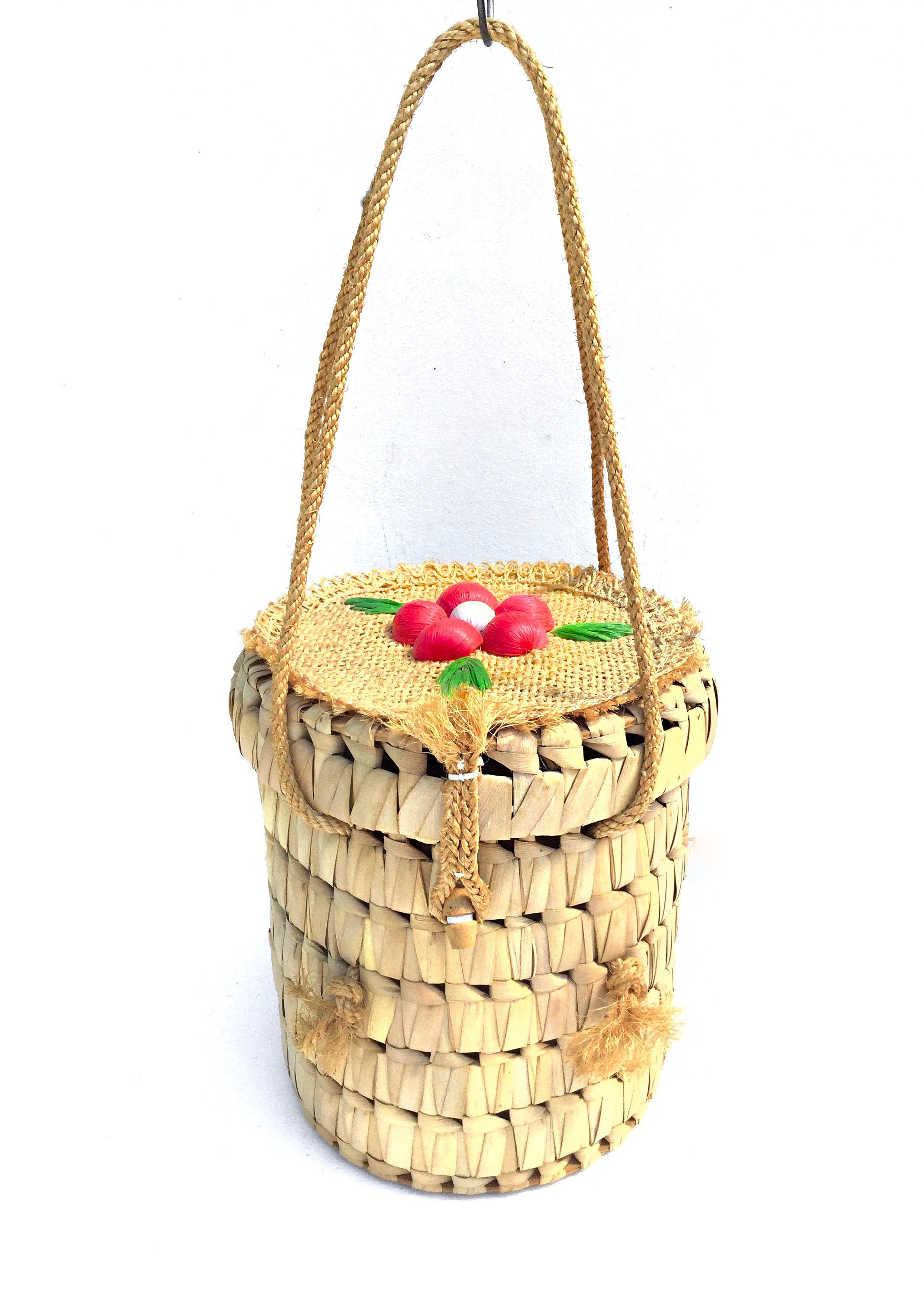 Vintage Français Panier Provençal Été Lidded Drum Shape Hand Bag -Home Décor Wedding Flowers Storage