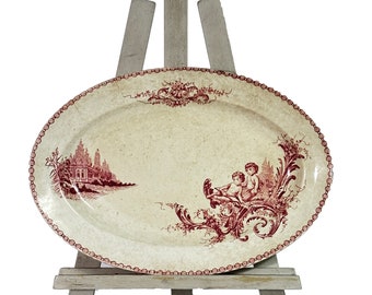 Antique French Cherub Trianon oval Platter ironstone Pink Claret 19th century