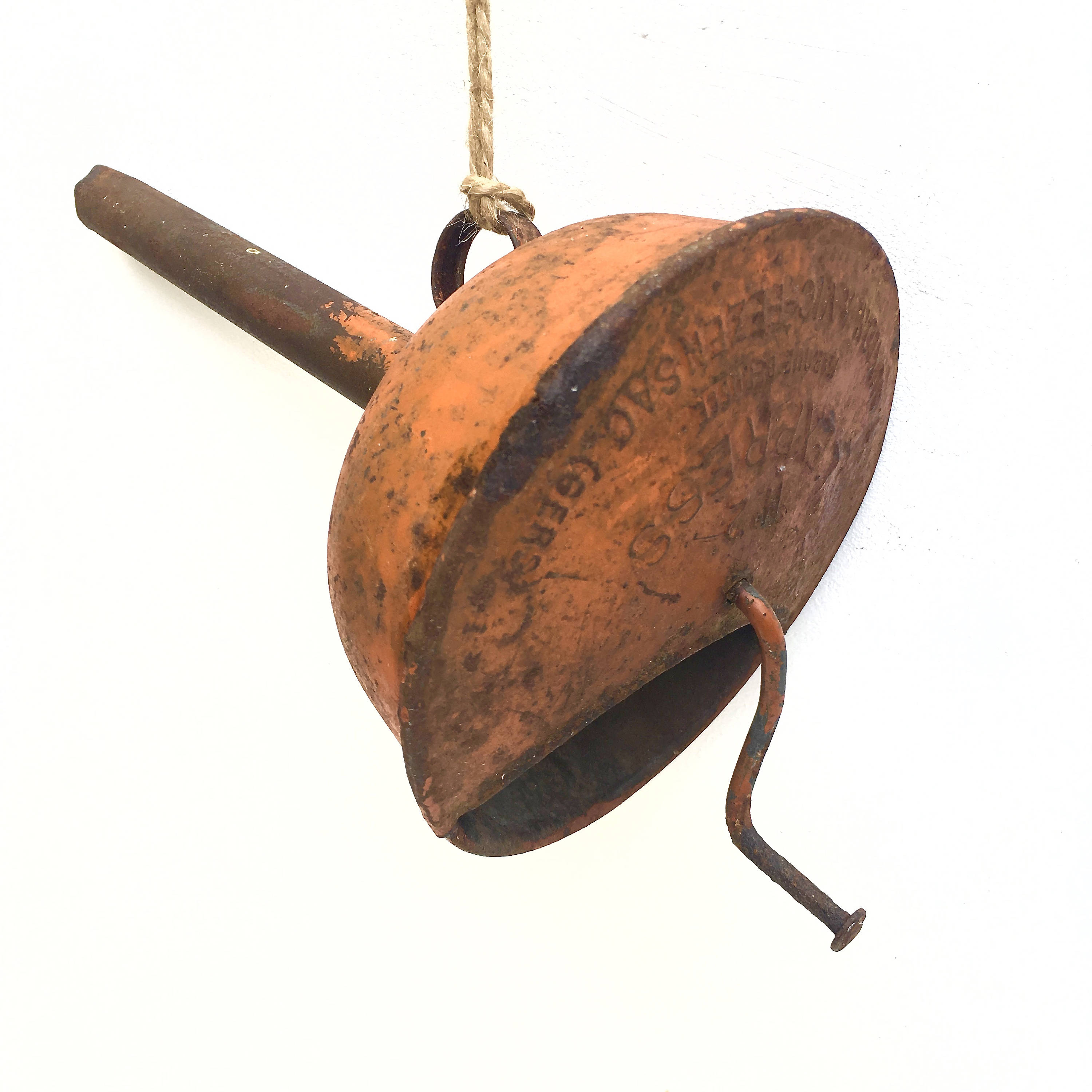 Français Entonnoir Métallique Vintage Orange Shabby Paint avec Poignée - Rustique Industriel