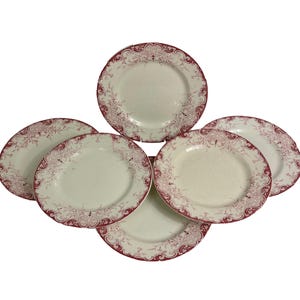 6 platos de cena antiguos franceses de terre de fer de piedra de hierro Luneville K & G Phenix 1800's Claret/Pink