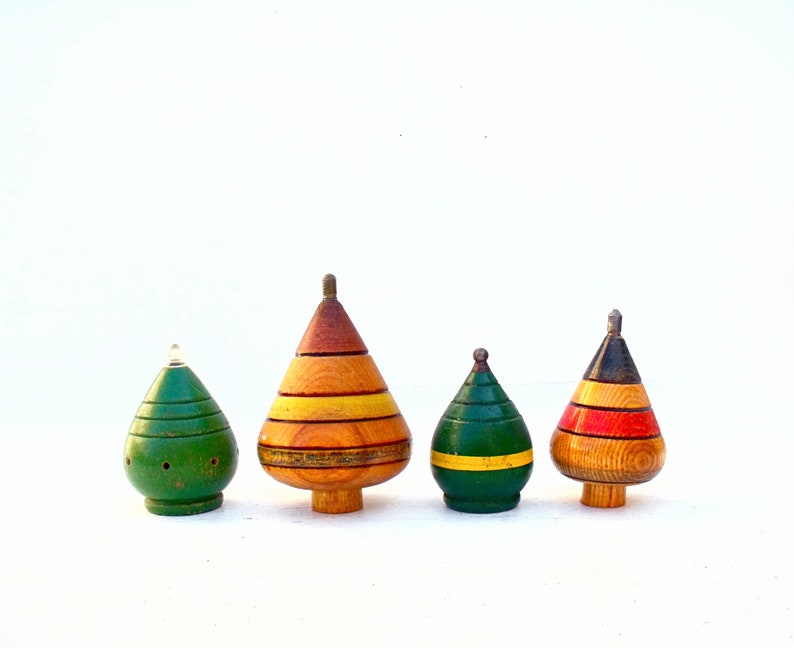 Collection Four 4 Vintage French Wooden spinning tops painted French Toys perfect for display