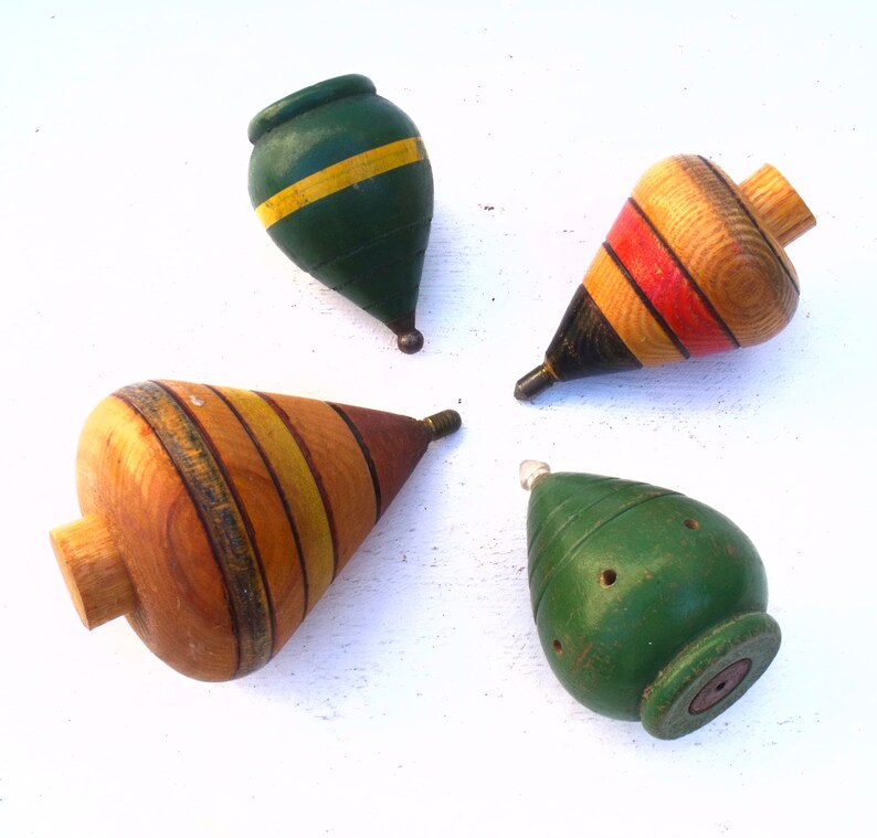 Collection Four 4 Vintage French Wooden spinning tops painted French Toys perfect for display