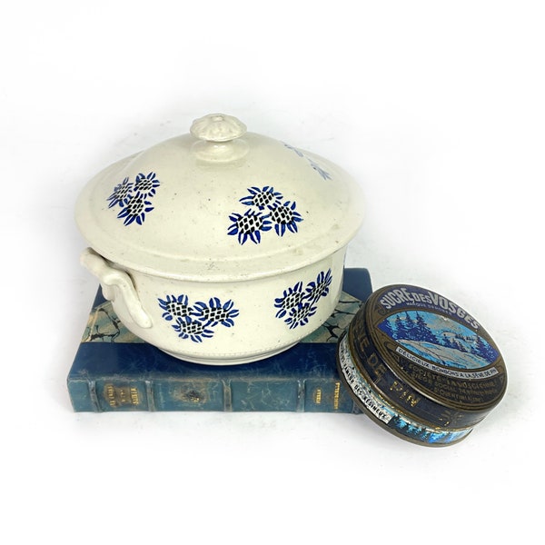 Terrine française de St Uze / soupière, pot à couvercle antique bleu, céramique bleue, poterie, Drôme, XIXe siècle / entièrement estampillé