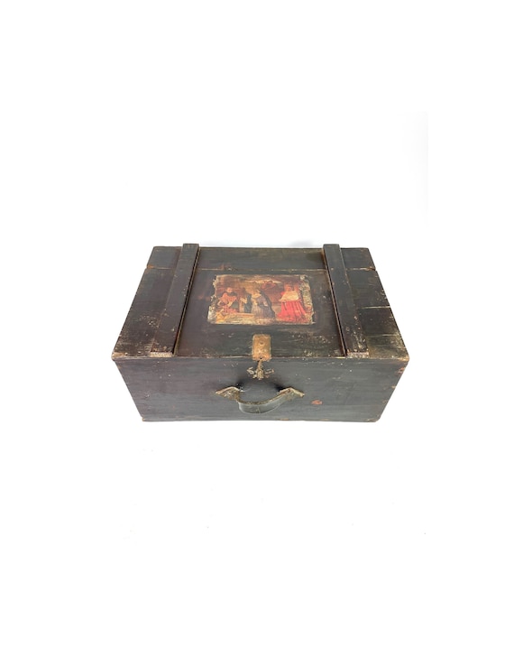 Antique French Large Wood Box Trunk French Religious image 1890