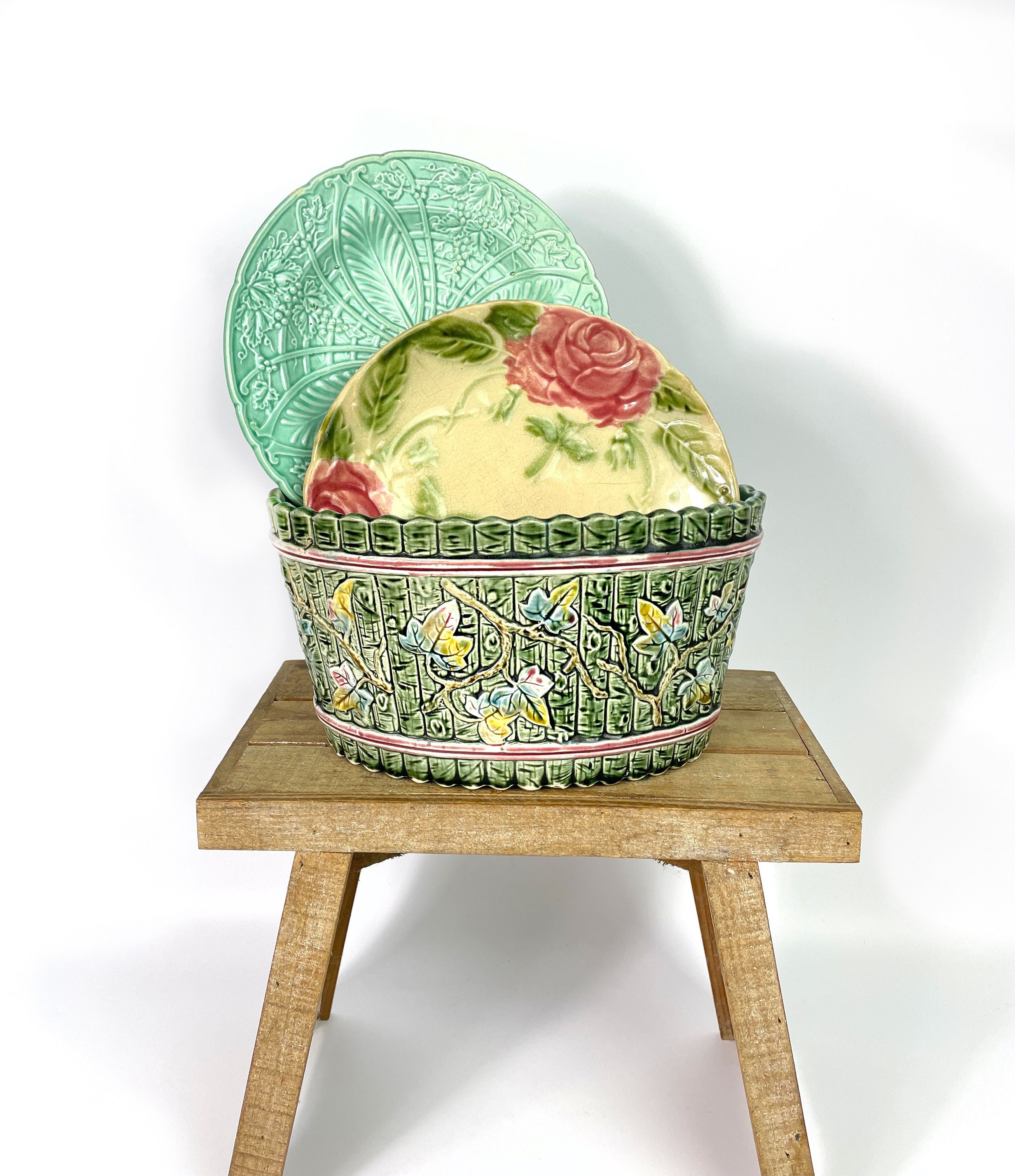 Antique Français Majolica Barbotine Jardinière Pot Planteur Années 1890 Art Nouveau Trailing Lierre