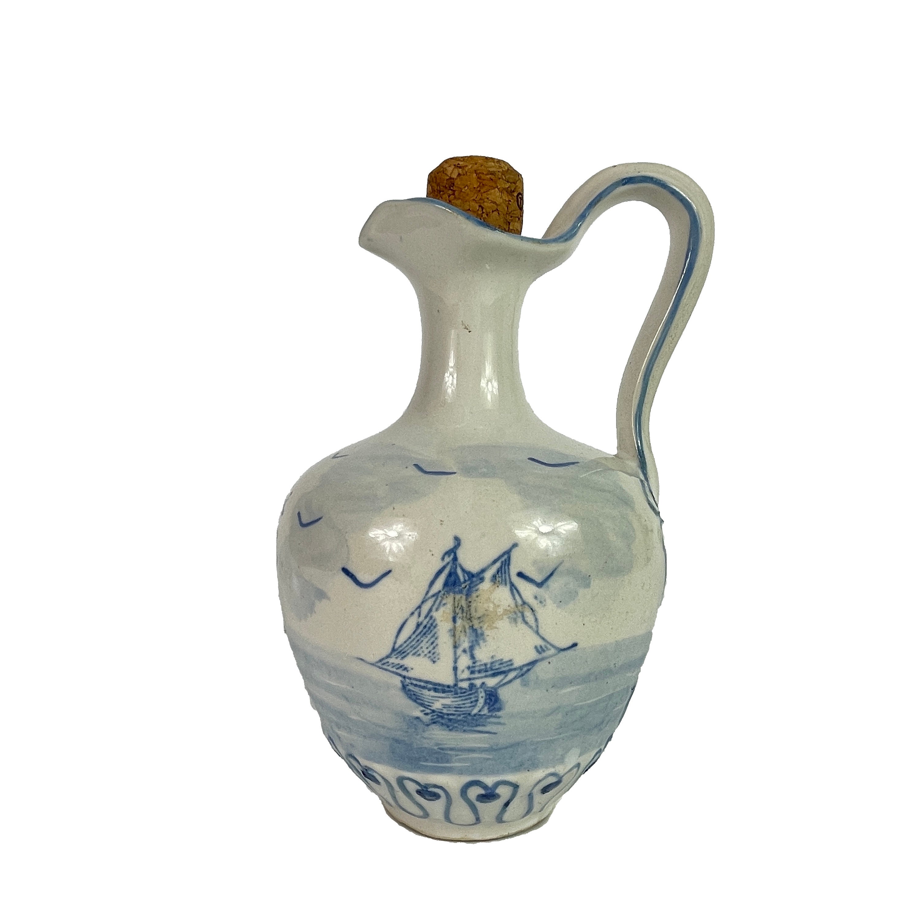 Français Faience Grande Carafe en Céramique Lubbi François - Glaçure de Glissement /Bleu et Blanc