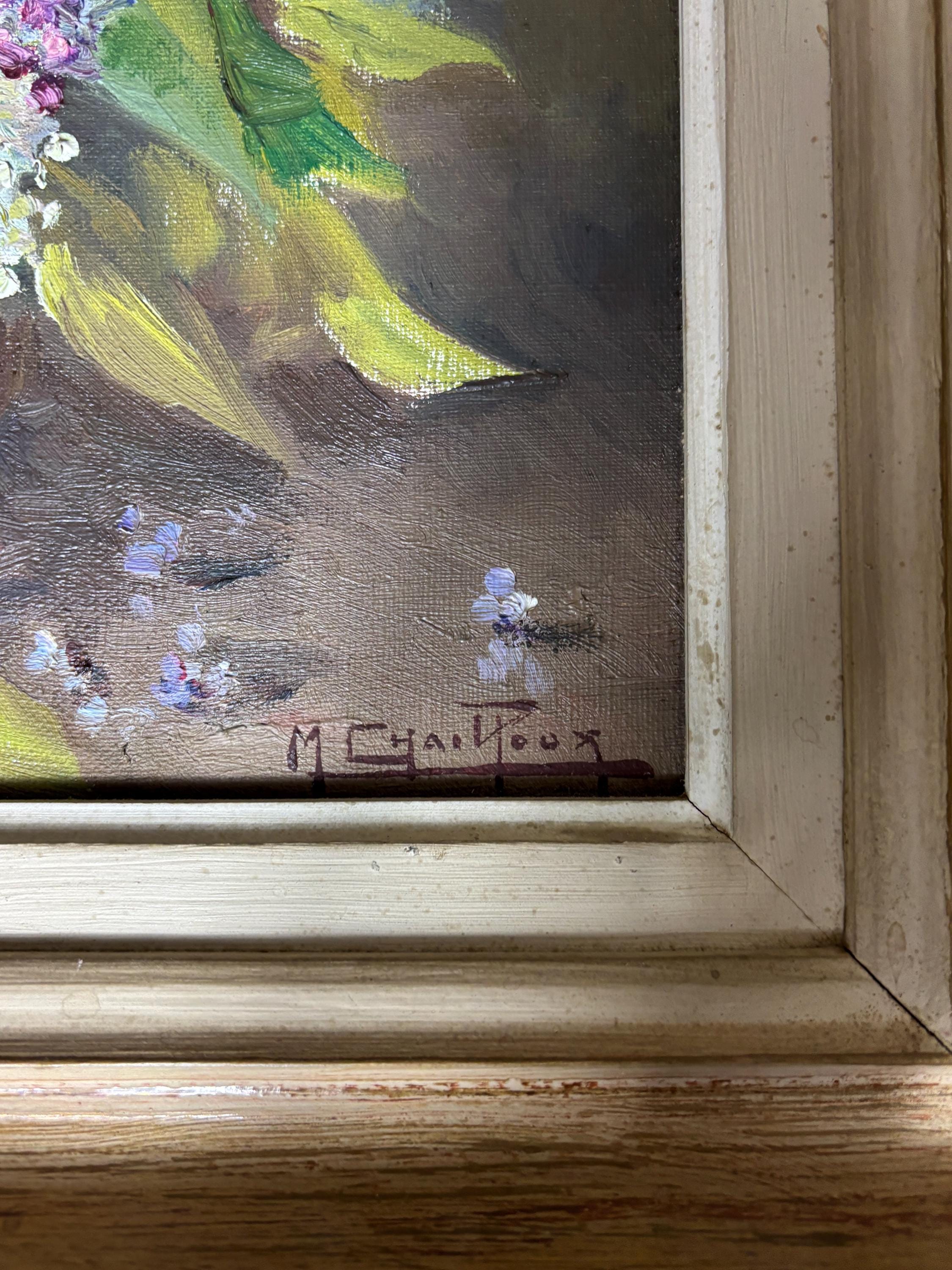 フレンチライラックの油絵：ヴィンテージの花の静物画、1940年代の署名