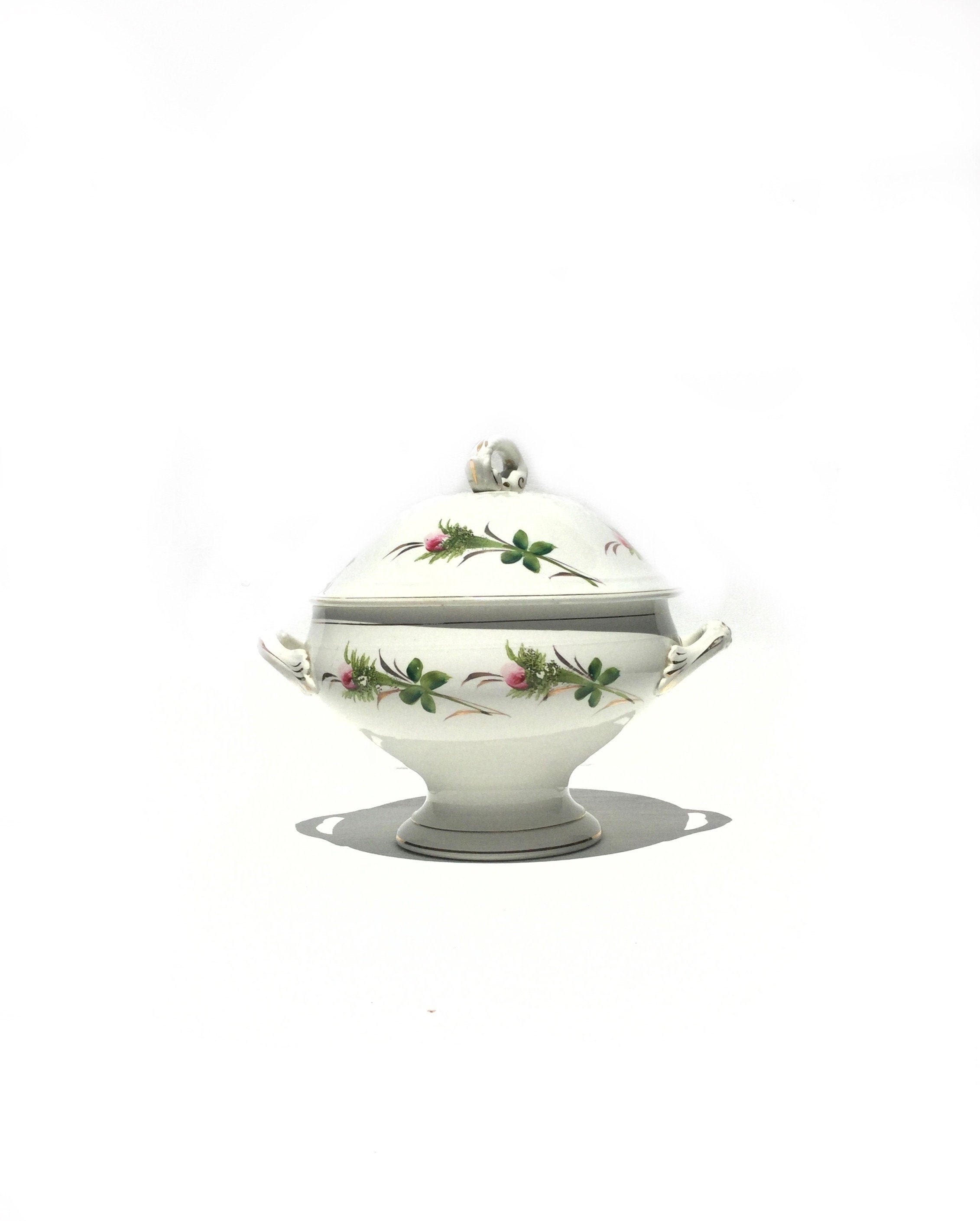 Français Moulins de Loups Rosebuds Peint à La Main Ironstone Tureen Soupiere Antique 1910 Shabby Chi