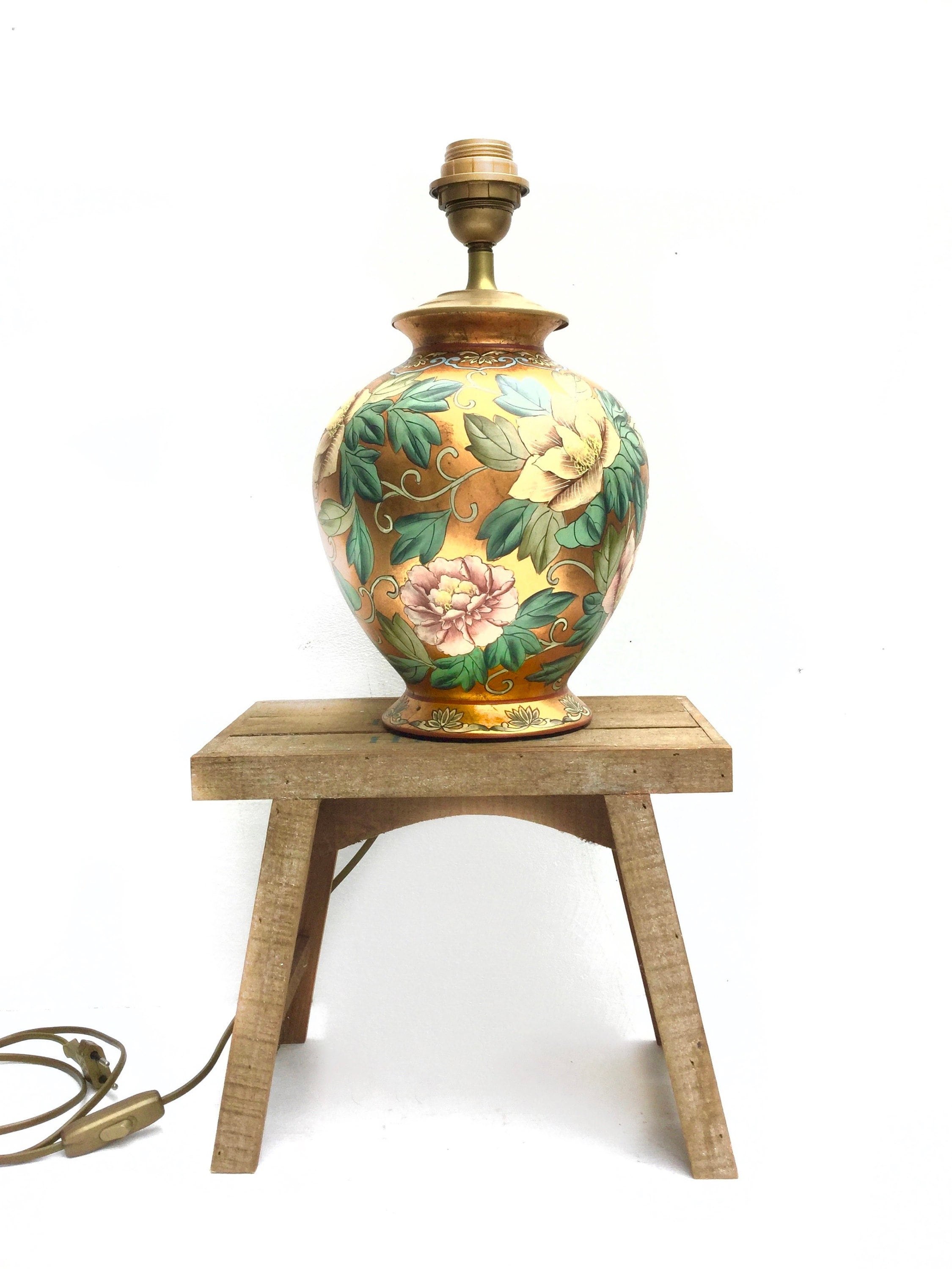 Vintage Français Ida Bellini Art & Décors Ceramic Hand Peint et Or Foiled Lamp Base Signée - Bel Exe