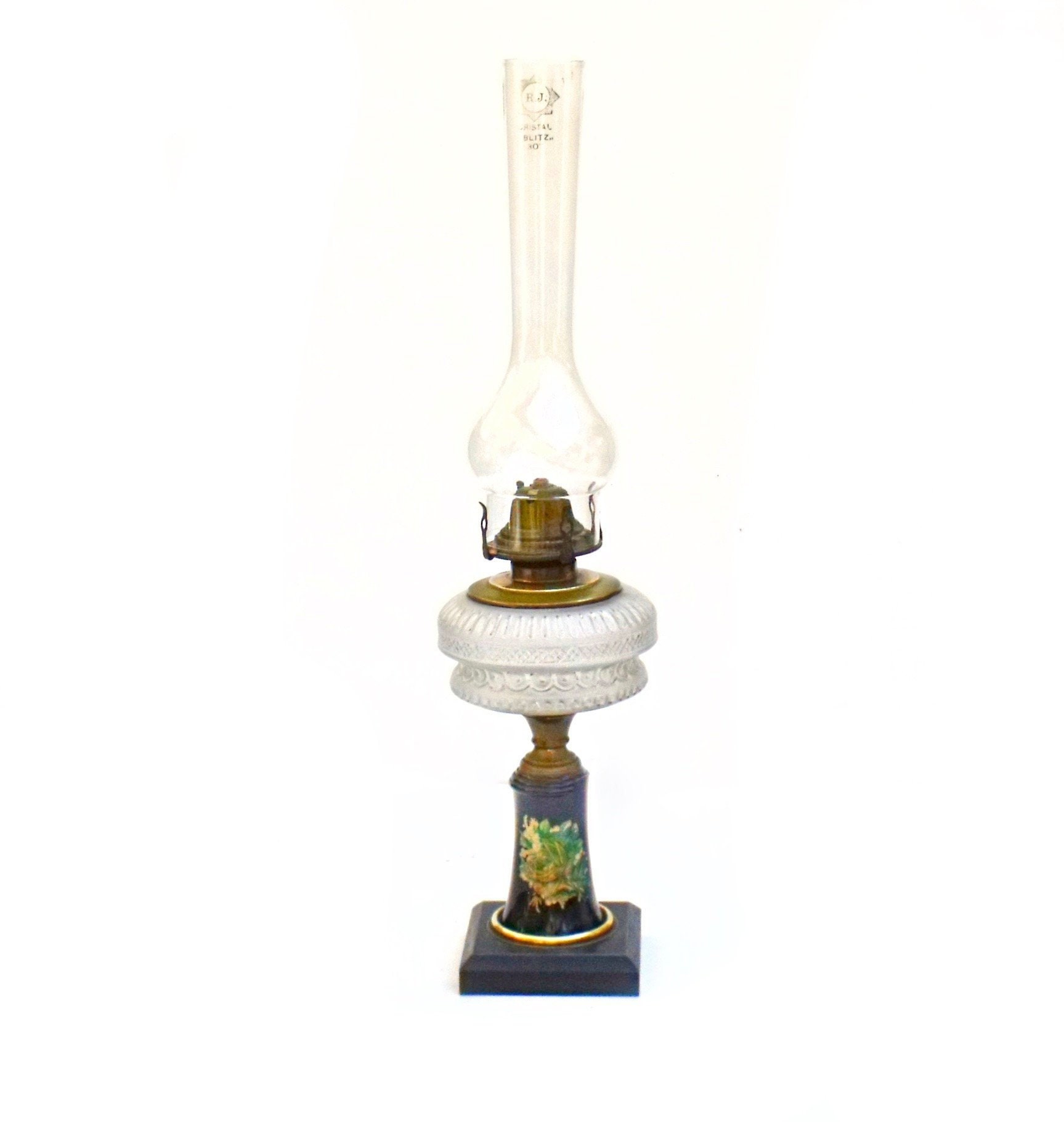 Grande Base Antique de Lampe à Huile Ardoise Black Glass Découpage Floral - Art Nouveau Réservoir d'