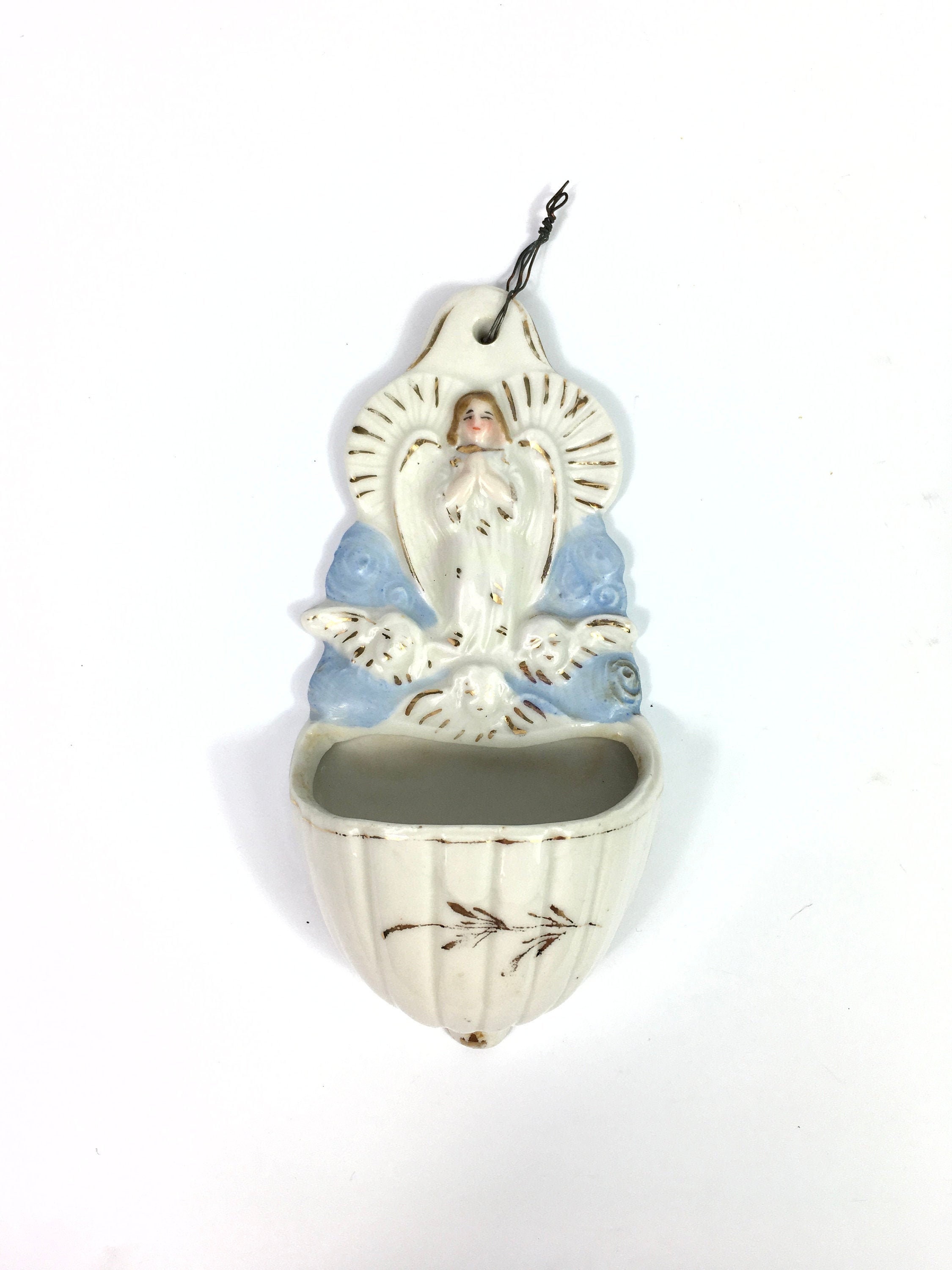 Français 19Ème Siècle Antique Porcelaine Angel Bisque Parian Benetier Holy Font Stoup - Putti