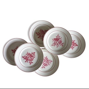 Six/6 French vintage ironstone terre de fer Limoges MAULDE  soup plates Pink roses wedding