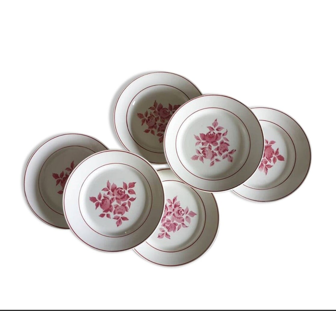 Six/6 Français Vintage Ironstone Terre de Fer Limoges Maulde Assiettes à Soupe Roses Roses Mariage